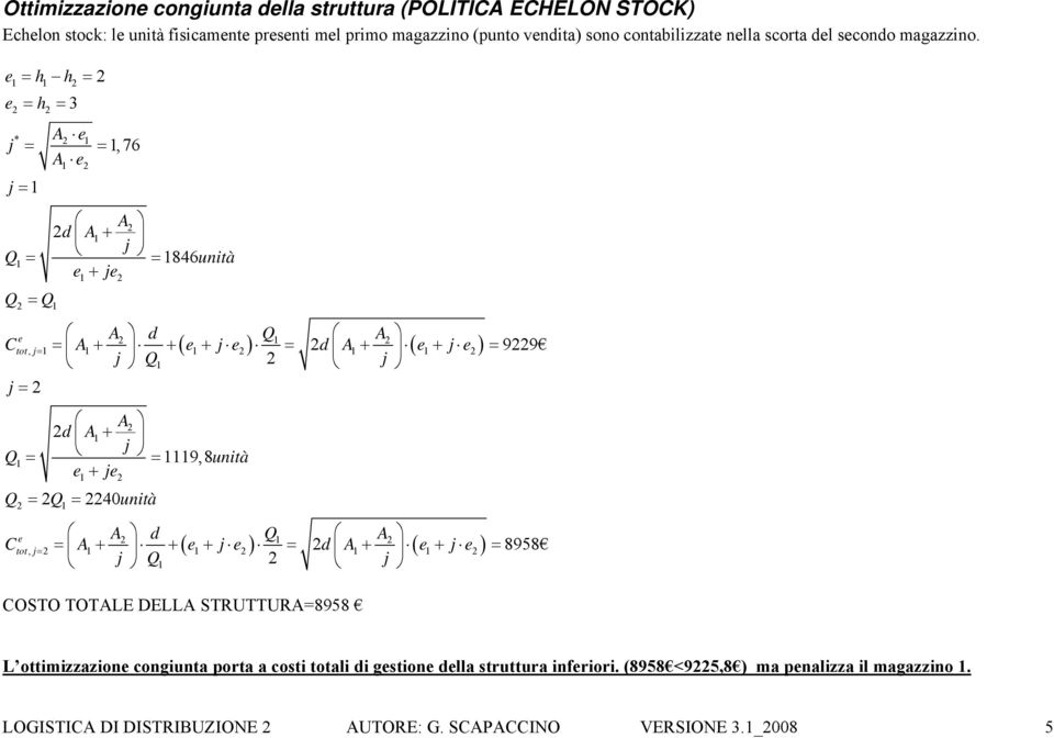 2 A2 2d A1 + j Q1 = = 1119,8untà e1+ je2 Q = 2Q = 2240untà C 2 1 A d Q A = A + + ( e + j e ) = 2d A + ( e + j e ) = 8958 e 2 1 2 tot, j= 2 1 1 2 1 1 2 j Q1 2 j COSTO TOTALE DELLA