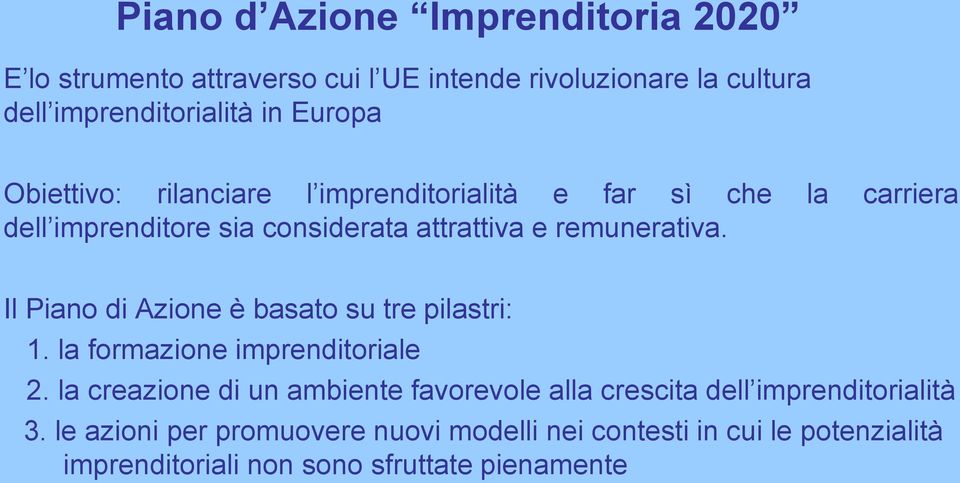 Il Piano di Azione è basato su tre pilastri: 1. la formazione imprenditoriale 2.