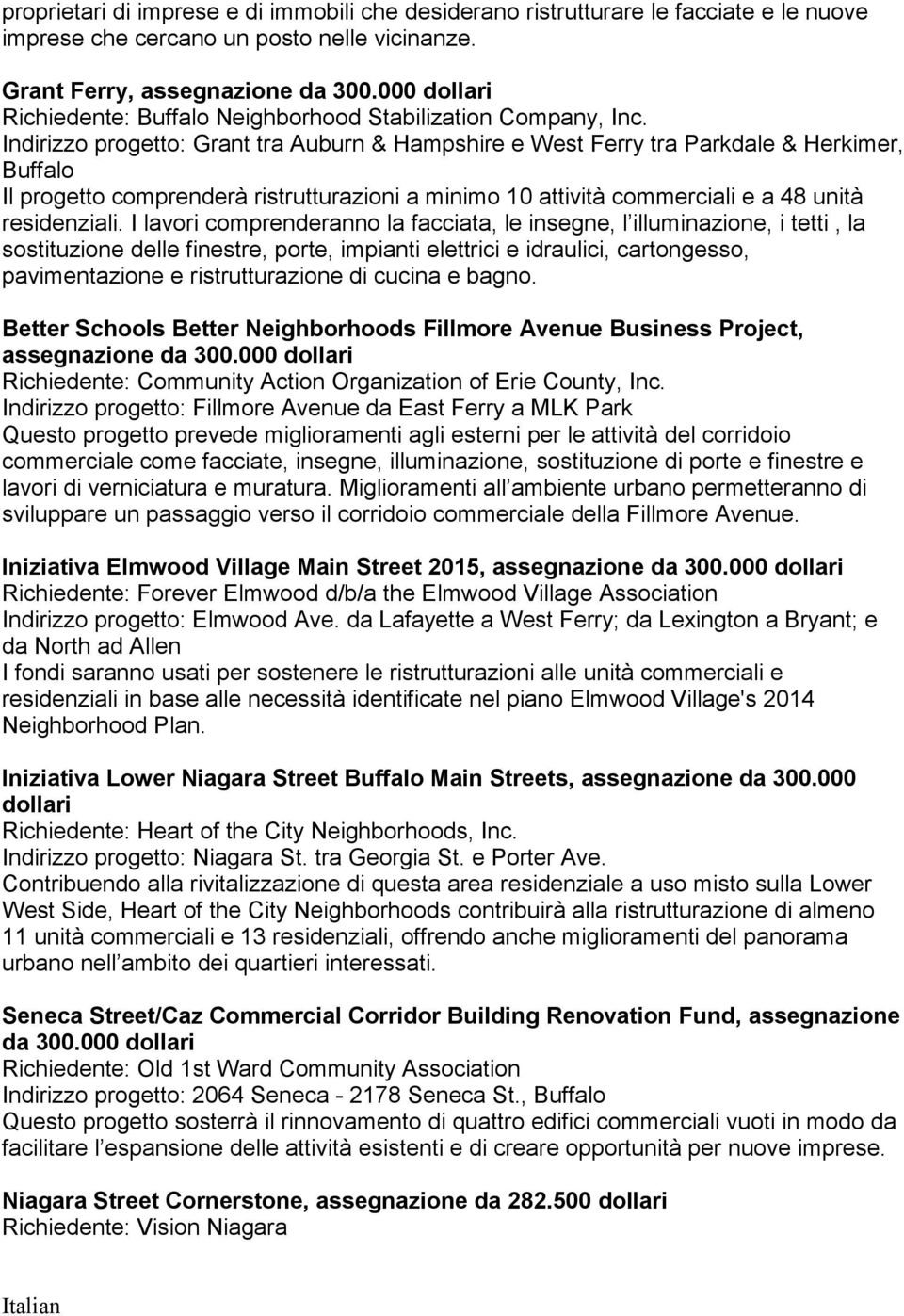 Indirizzo progetto: Grant tra Auburn & Hampshire e West Ferry tra Parkdale & Herkimer, Buffalo Il progetto comprenderà ristrutturazioni a minimo 10 attività commerciali e a 48 unità residenziali.