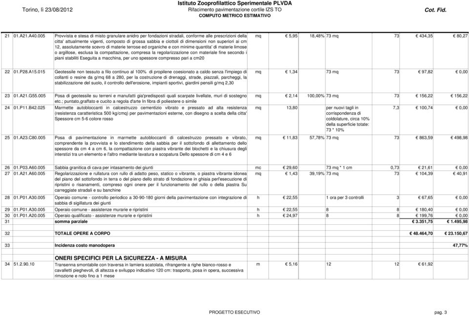 ai cm 12, assolutamente scevro di materie terrose ed organiche e con minime quantita' di materie limose o argillose, esclusa la compattazione, compresa la regolarizzazione con materiale fine secondo