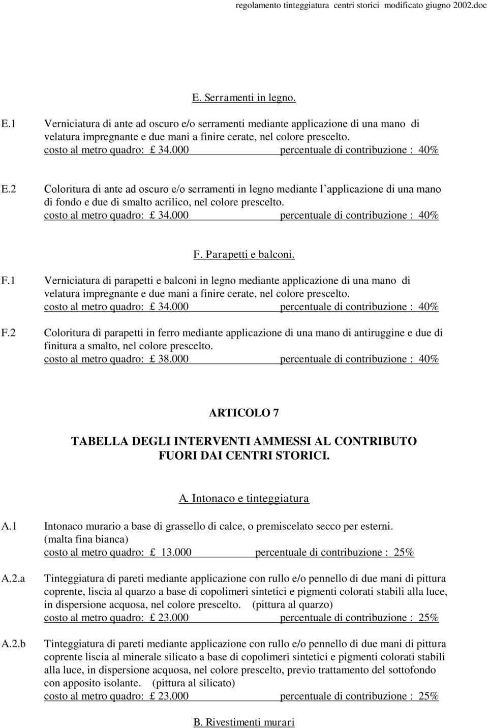 000 percentuale di contribuzione : 40% F. Parapetti e balconi. F.1 Verniciatura di parapetti e balconi in legno mediante applicazione di una mano di costo al metro quadro: 34.