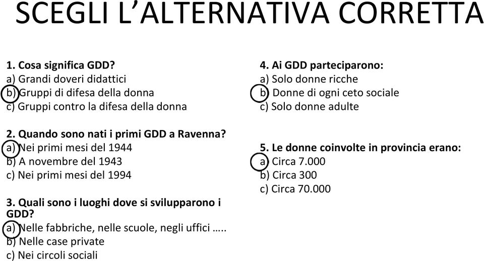 a) Nei primi mesi del 1944 b) A novembre del 1943 c) Nei primi mesi del 1994 3. Quali sono i luoghi dove si svilupparono i GDD?