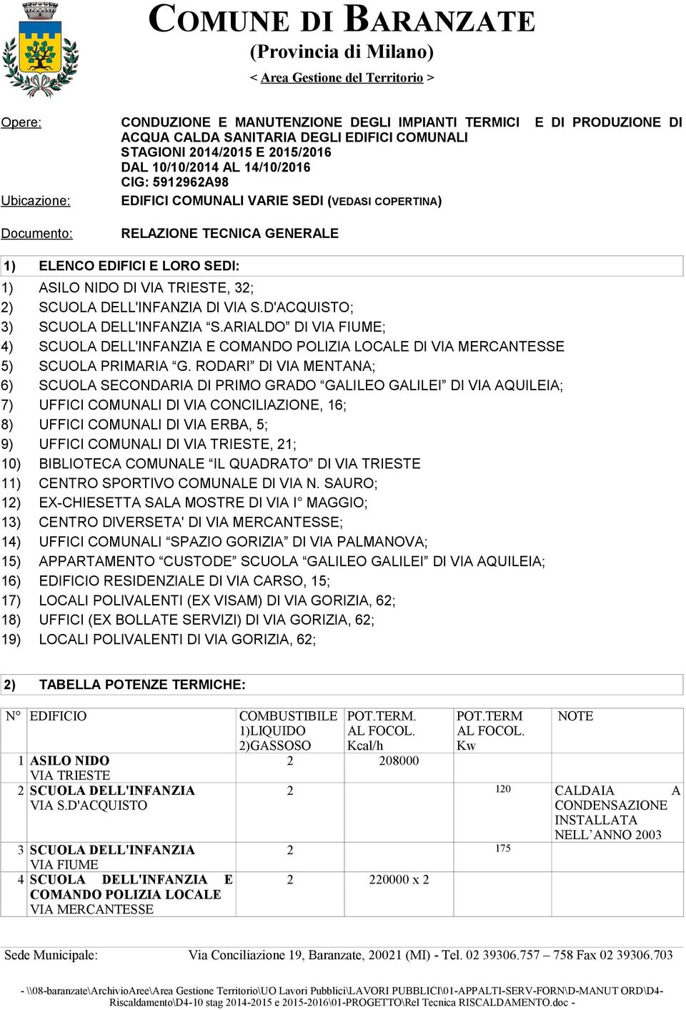 D'ACQUISTO; 3) SCUOLA DELL'INFANZIA S.ARIALDO DI VIA FIUME; 4) SCUOLA DELL'INFANZIA E COMANDO POLIZIA LOCALE DI VIA MERCANTESSE 5) SCUOLA PRIMARIA G.