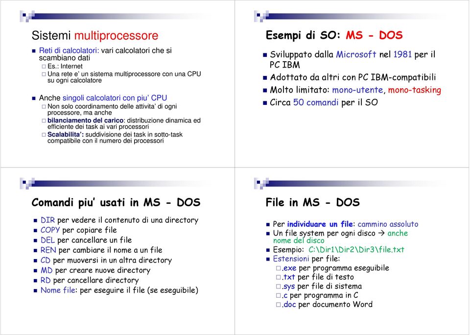 del carico: distribuzione dinamica ed efficiente dei task ai vari processori Scalabilita : suddivisione dei task in sotto-task compatibile con il numero dei processori Esempi di SO: MS - DOS