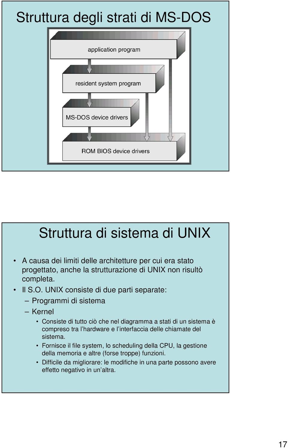UNIX consiste di due parti separate: Programmi di sistema Kernel Consiste di tutto ciò che nel diagramma a stati di un sistema è compreso tra l
