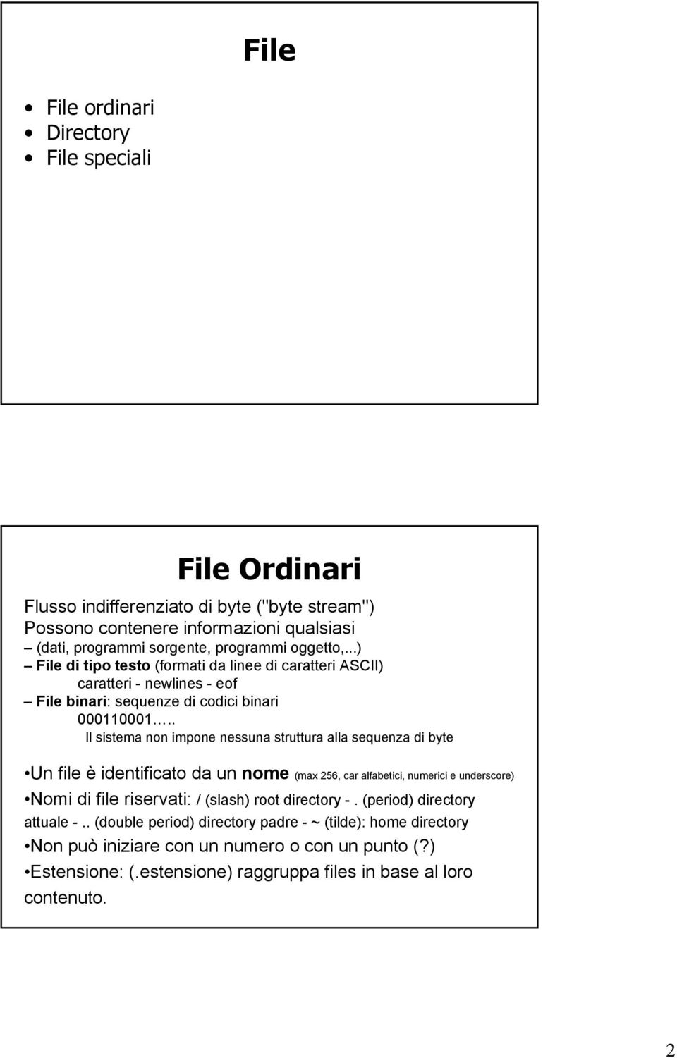 . Il sistema non impone nessuna struttura alla sequenza di byte Un file è identificato da un nome (max 256, car alfabetici, numerici e underscore) Nomi di file riservati: / (slash)