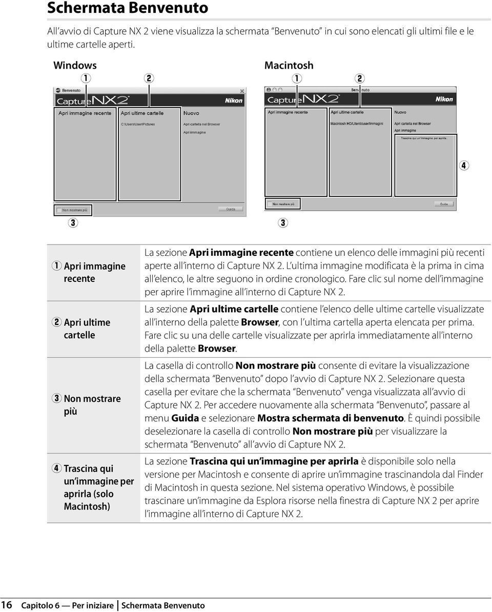 elenco delle immagini più recenti aperte all interno di Capture NX 2. L ultima immagine modificata è la prima in cima all elenco, le altre seguono in ordine cronologico.