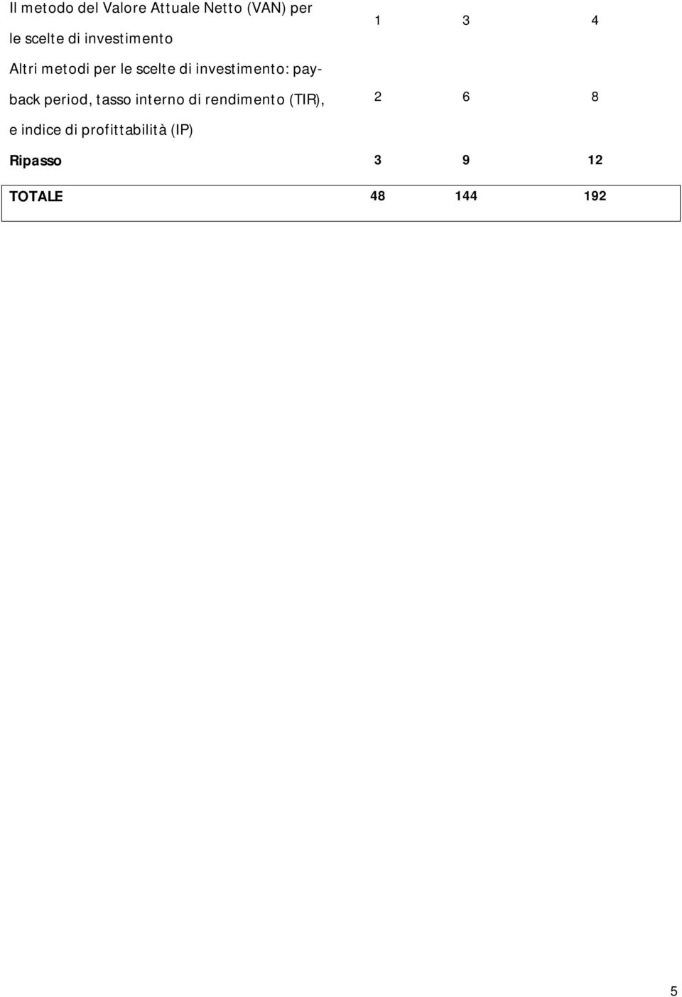 payback period, tasso interno di rendimento (TIR), 2 6 8 e