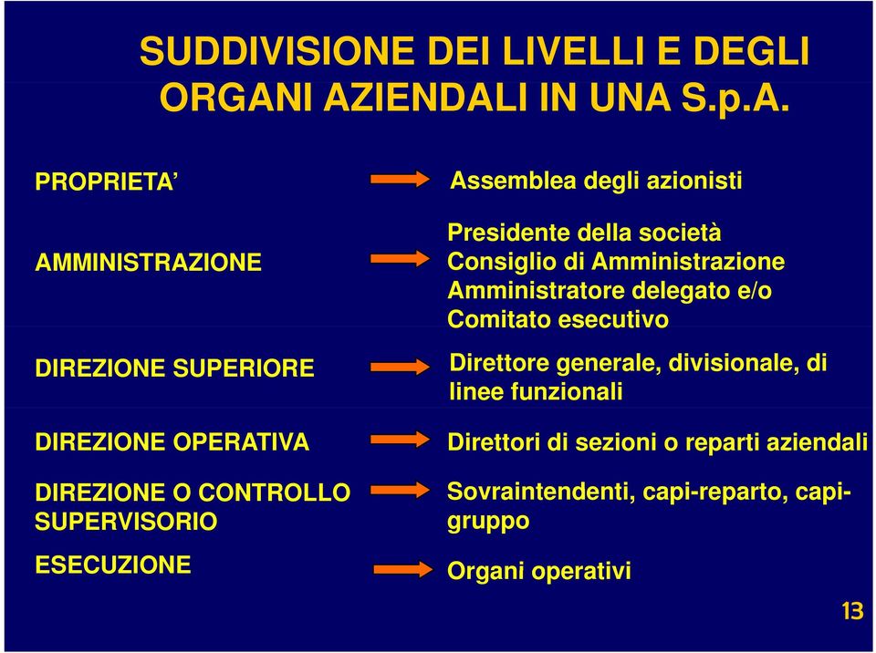 SUPERVISORIO ESECUZIONE Assemblea degli azionisti Presidente della società Consiglio di Amministrazione