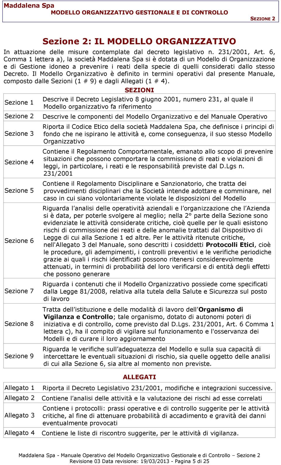 Il Modello Organizzativo è definito in termini operativi dal presente Manuale, composto dalle Sezioni (1 # 9) e dagli Allegati (1 # 4).