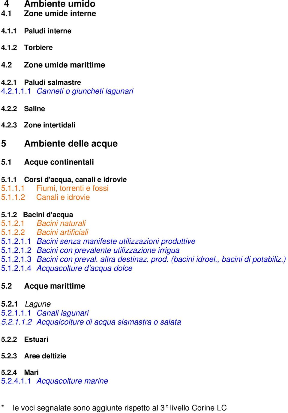 1.2.1.2 Bacini con prevalente utilizzazione irrigua 5.1.2.1.3 Bacini con preval. altra destinaz. prod. (bacini idroel., bacini di potabiliz.) 5.1.2.1.4 Acquacolture d acqua dolce 5.