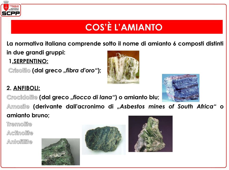 ANFIBOLI: Crocidolite (dal greco fiocco di lana ) o amianto blu; Amosite (derivante