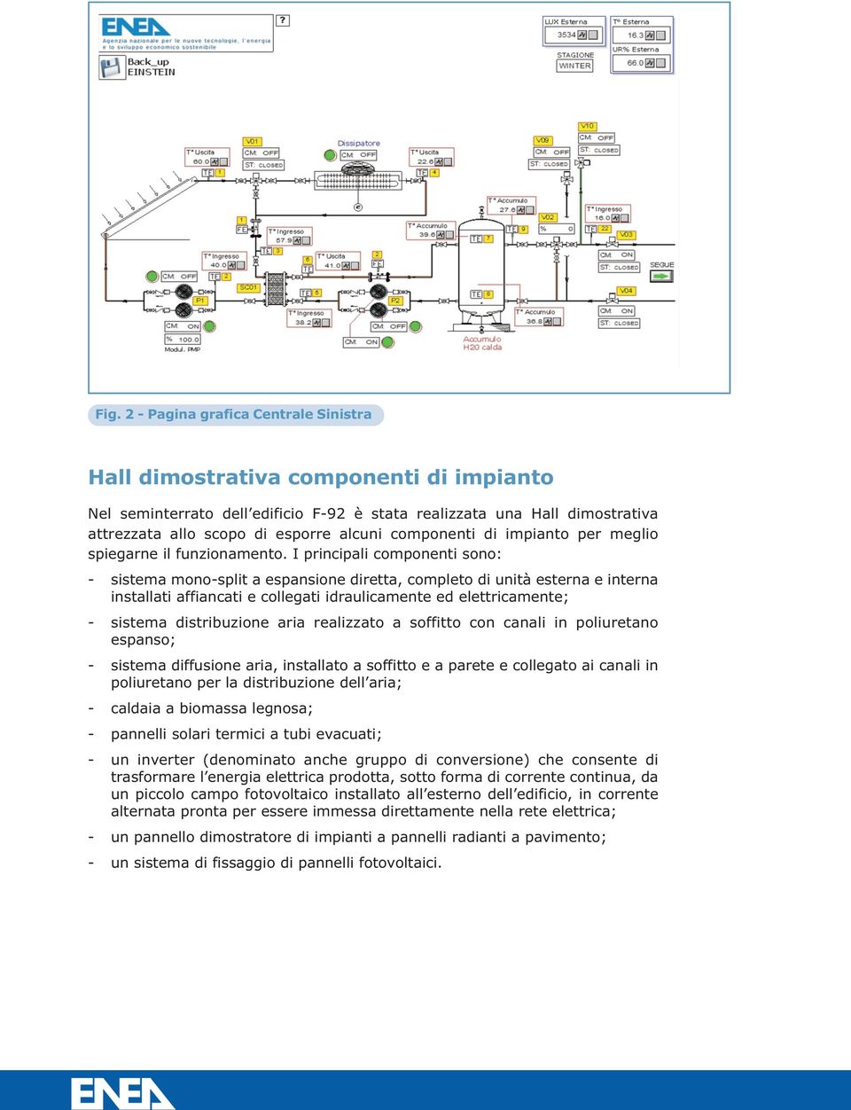 I principali componenti sono: - sistema mono-split a espansione diretta, completo di unità esterna e interna installati affiancati e collegati idraulicamente ed elettricamente; - sistema