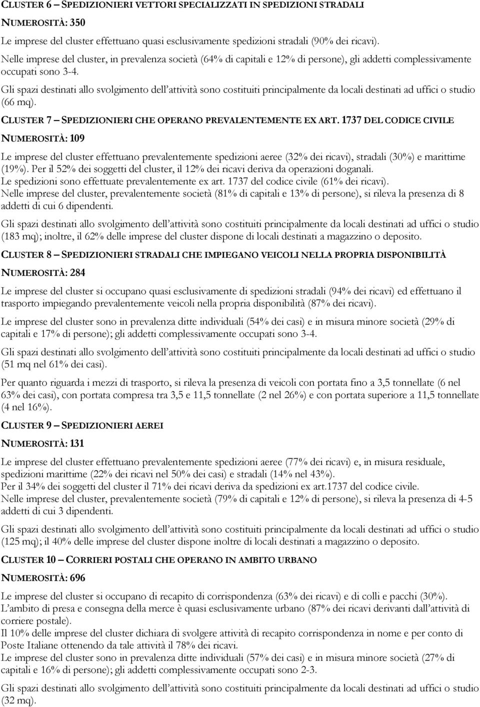 Gli spazi destinati allo svolgimento dell attività sono costituiti principalmente da locali destinati ad uffici o studio (66 mq). CLUSTER 7 SPEDIZIONIERI CHE OPERANO PREVALENTEMENTE EX ART.