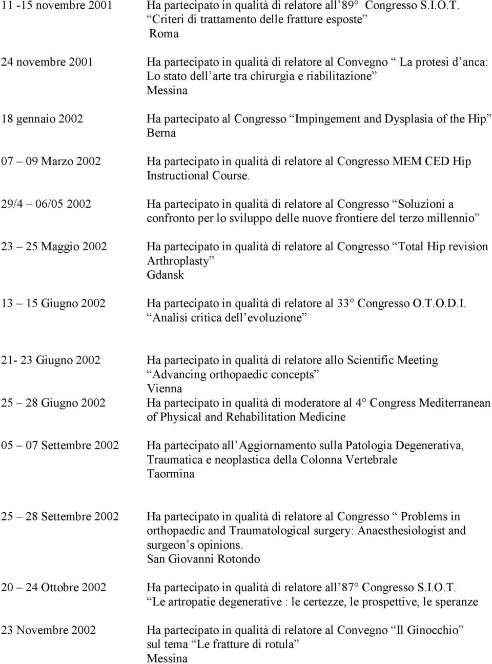 gennaio 2002 Ha partecipato al Congresso Impingement and Dysplasia of the Hip Berna 07 09 Marzo 2002 Ha partecipato in qualità di relatore al Congresso MEM CED Hip Instructional Course.