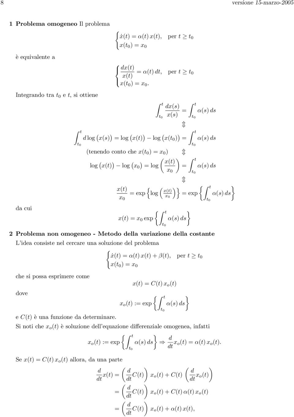 log x(t) x = exp α(s) ds t { t } x(t) = x exp α(s) ds t 2 Problema non omogeneo - Metodo della variazione della costante L idea consiste nel cercare una soluzione del problema { ẋ(t) = α(t) x(t) +