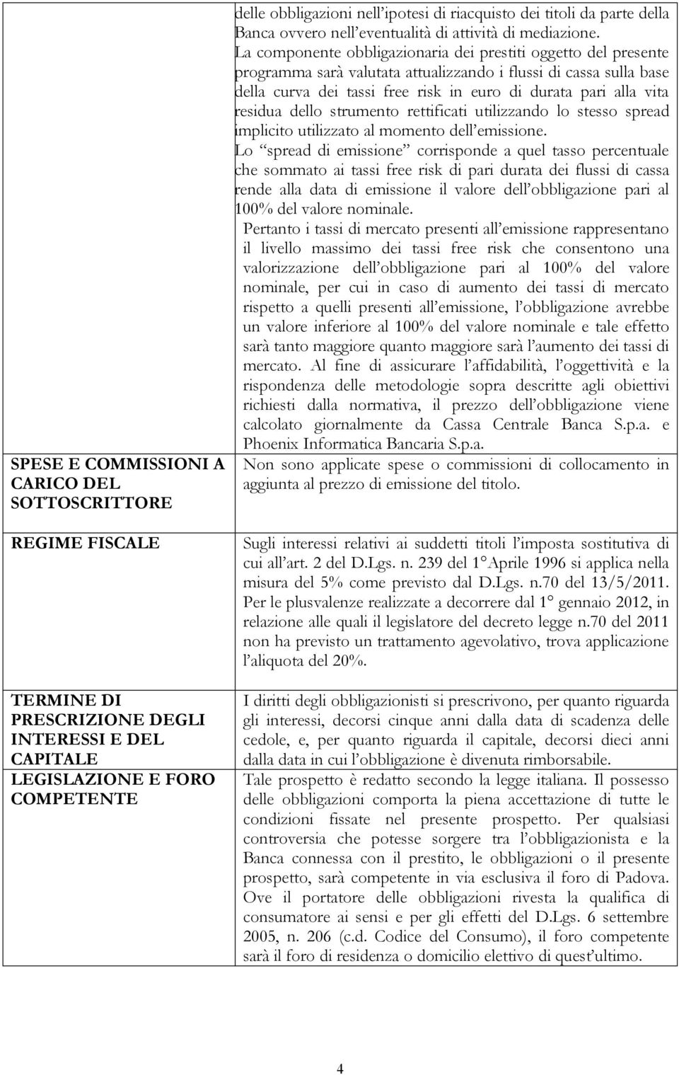 La componente obbligazionaria dei prestiti oggetto del presente programma sarà valutata attualizzando i flussi di cassa sulla base della curva dei tassi free risk in euro di durata pari alla vita