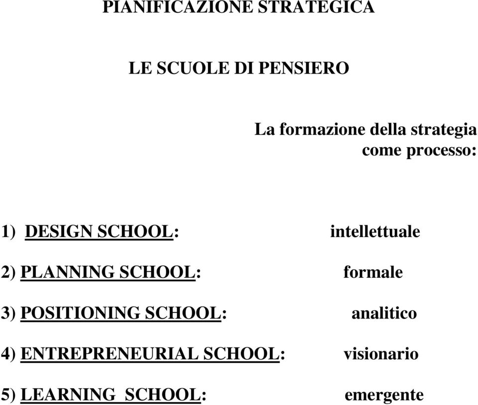 2) PLANNING SCHOOL: formale 3) POSITIONING SCHOOL: analitico 4)