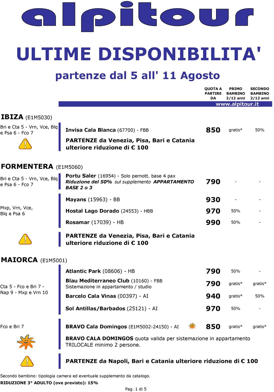 base 4 pax Riduzione del sul supplemento APPARTAMENTO BASE 2 o 3 790 - - Mxp, Vrn, Vce, Blq e Psa 6 Mayans (15963) - BB 930 - - Hostal Lago Dorado (24553) - HBB 970 - Rosamar (17039) - HB 990 -