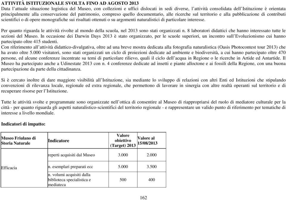 ottenuti o su argomenti naturalistici di particolare interesse. Per quanto riguarda le attività rivolte al mondo della scuola, nel 2013 sono stati organizzati n.