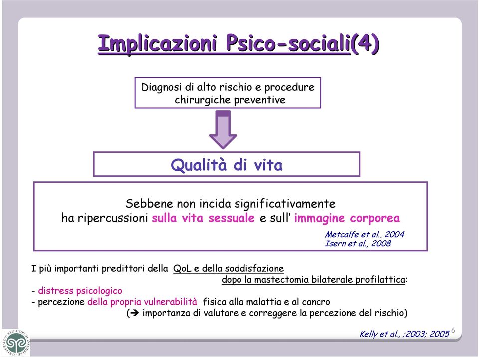 , 2008 I più importanti predittori della QoL e della soddisfazione dopo la mastectomia bilaterale profilattica: - distress psicologico -