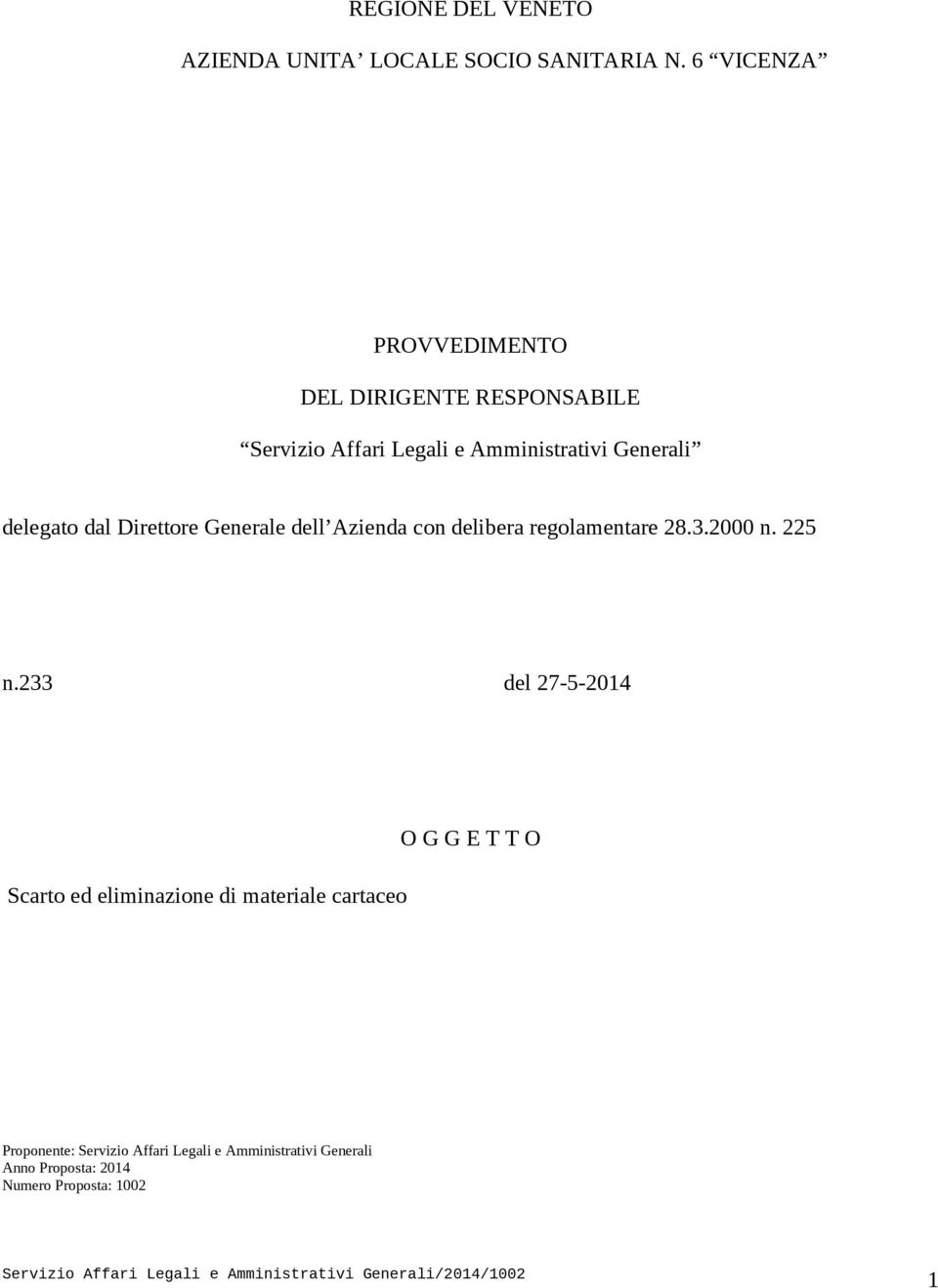 delegato dal Direttore Generale dell Azienda con delibera regolamentare 28.3.2000 n. 225 n.