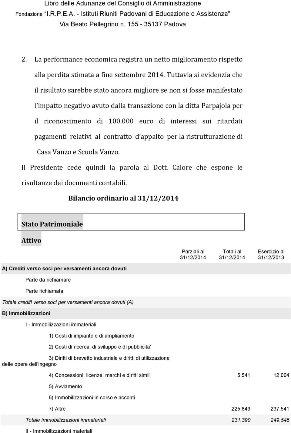 000 euro di interessi sui ritardati pagamenti relativi al contratto d appalto per la ristrutturazione di Casa Vanzo e Scuola Vanzo. Il Presidente cede quindi la parola al Dott.