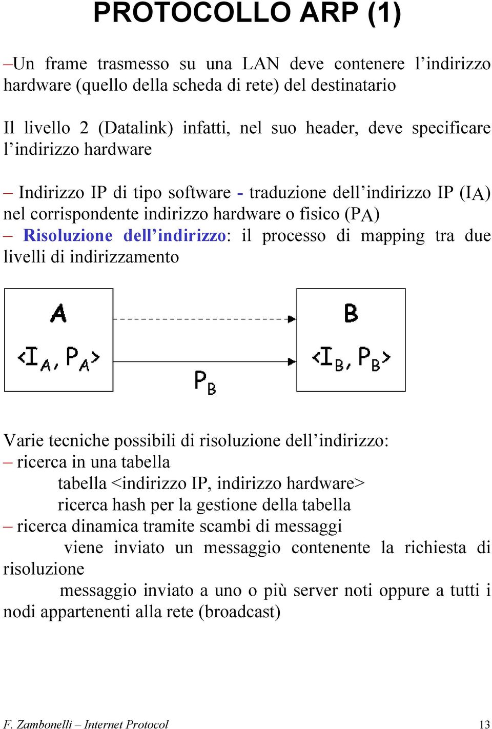 livelli di indirizzamento Varie tecniche possibili di risoluzione dell indirizzo: ricerca in una tabella tabella <indirizzo IP, indirizzo hardware> ricerca hash per la gestione della tabella ricerca