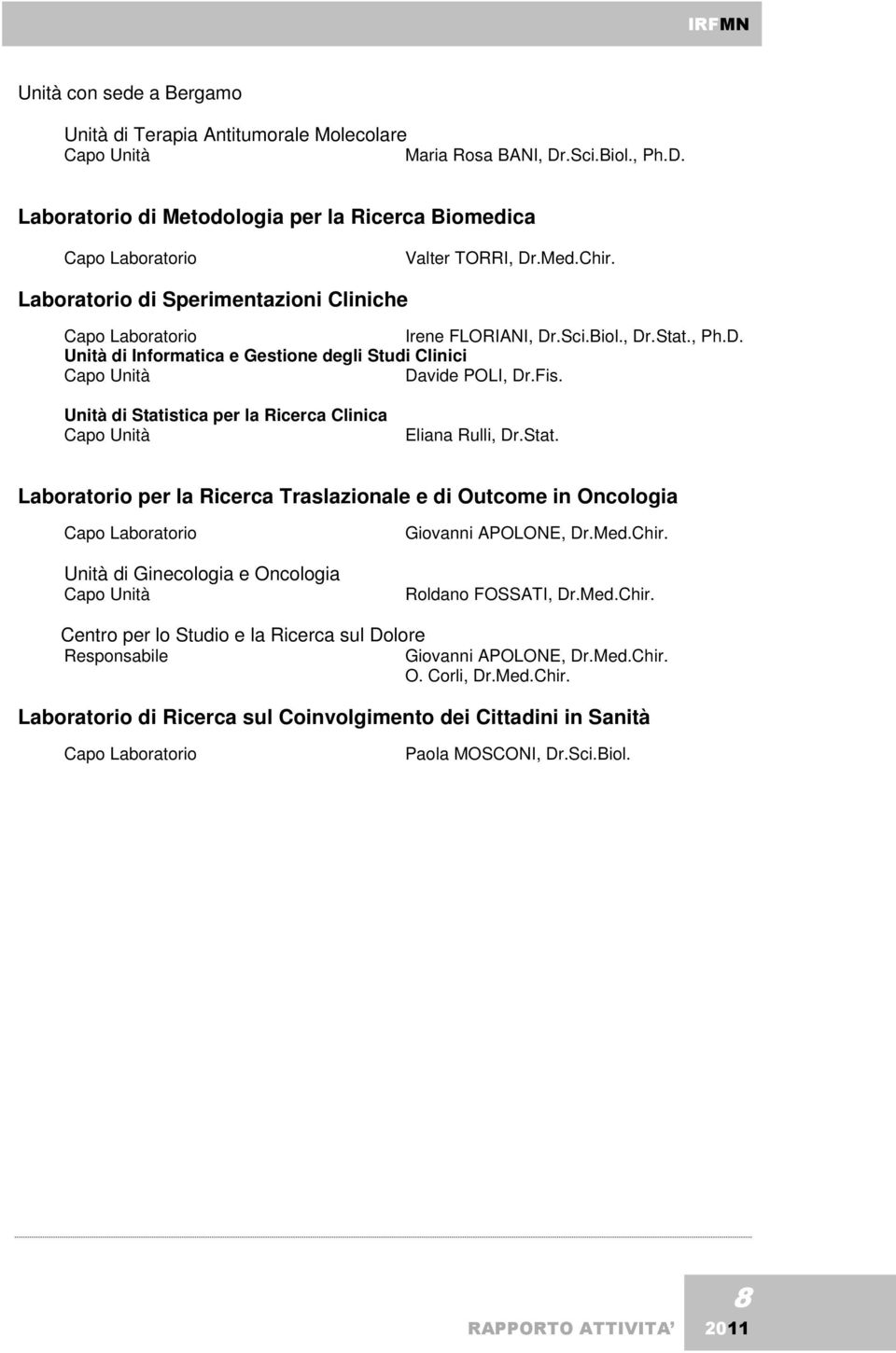 Unità di Statistica per la Ricerca Clinica Capo Unità Eliana Rulli, Dr.Stat. Laboratorio per la Ricerca Traslazionale e di Outcome in Oncologia Capo Laboratorio Unità di Ginecologia e Oncologia Capo Unità Giovanni APOLONE, Dr.