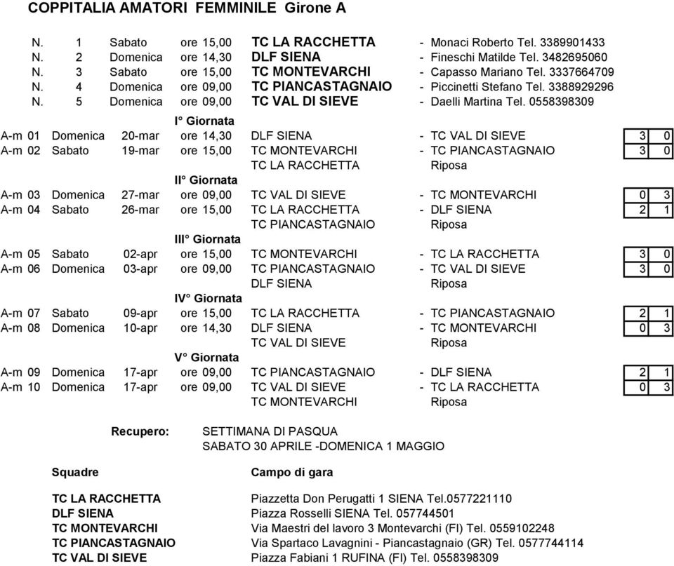 5 Domenica ore 09,00 TC VAL DI SIEVE - Daelli Martina Tel.