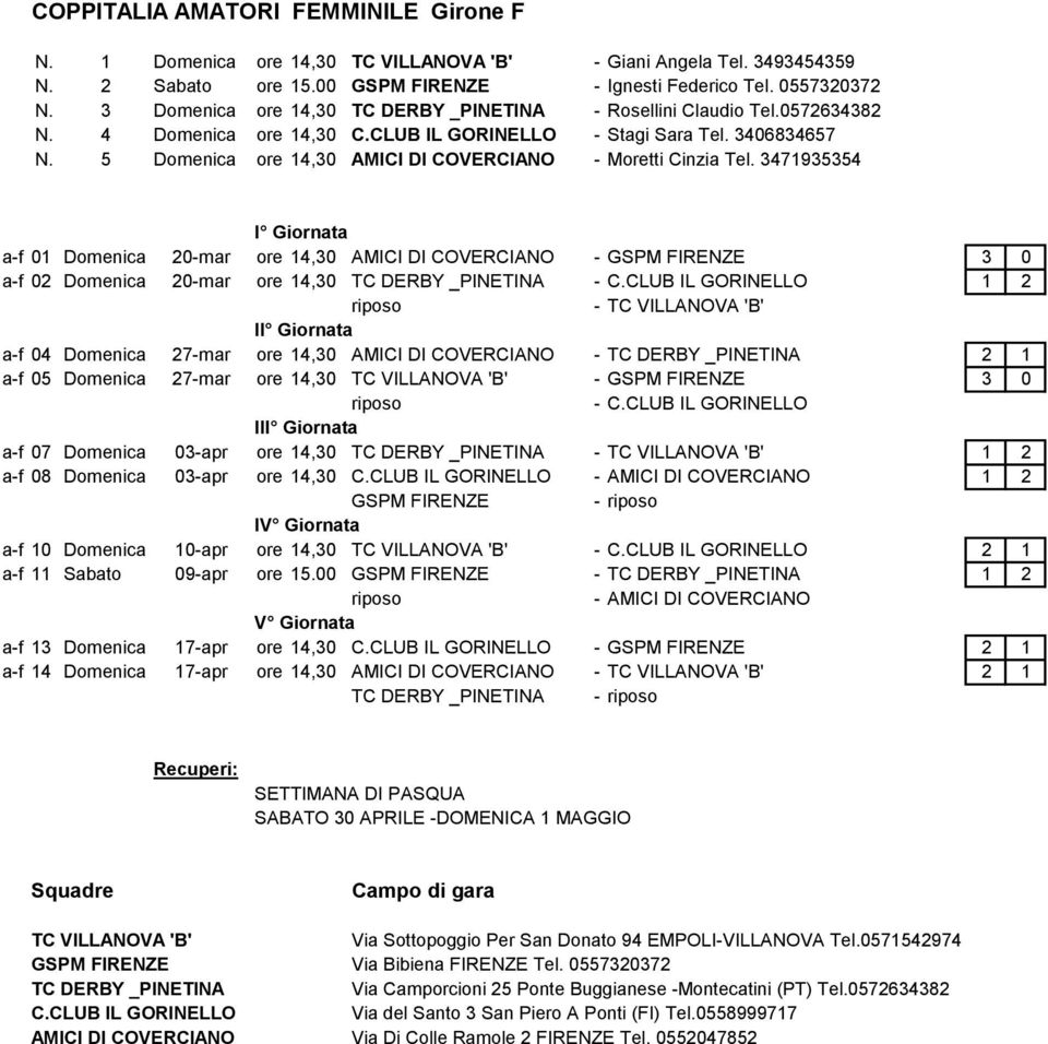 3471935354 a-f 01 Domenica 20-mar ore 14,30 - GSPM FIRENZE 3 0 a-f 02 Domenica 20-mar ore 14,30 TC DERBY _PINETINA - C.