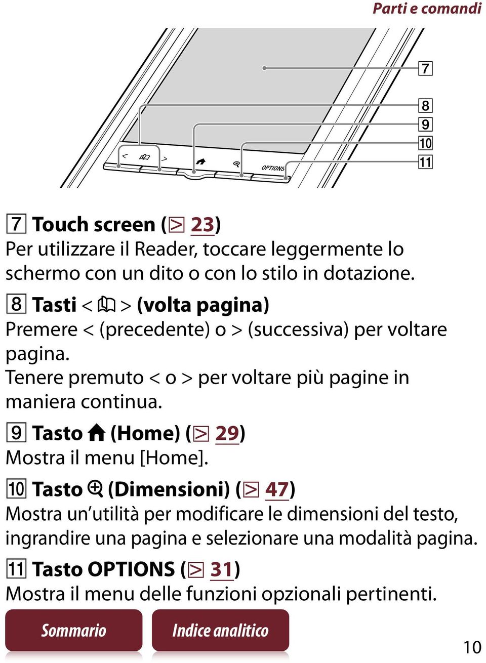 Tenere premuto < o > per voltare più pagine in maniera continua. Tasto (Home) ( 29) Mostra il menu [Home].