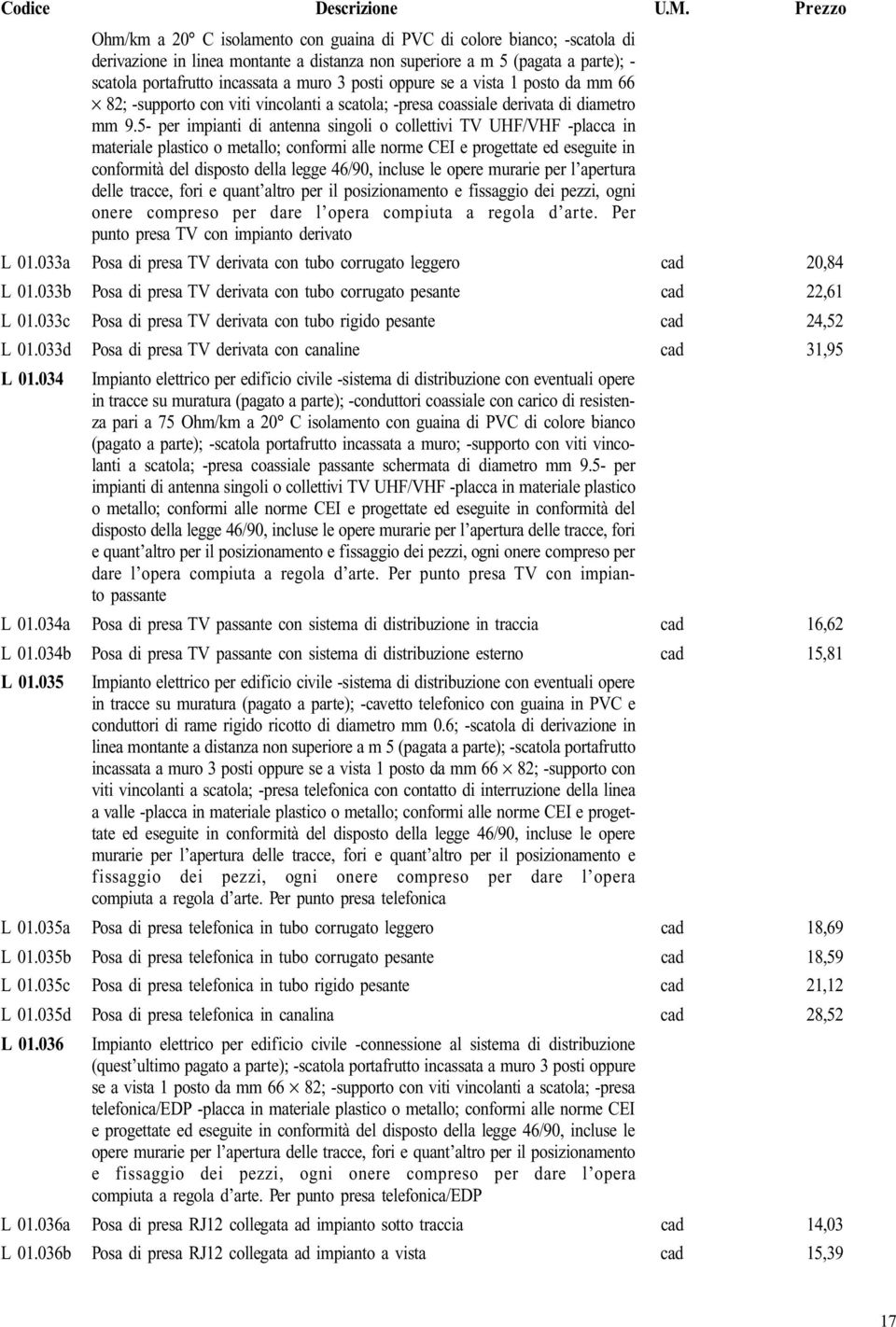 5- per impianti di antenna singoli o collettivi TV UHF/VHF -placca in materiale plastico o metallo; conformi alle norme CEI e progettate ed eseguite in conformità del disposto della legge 46/90,