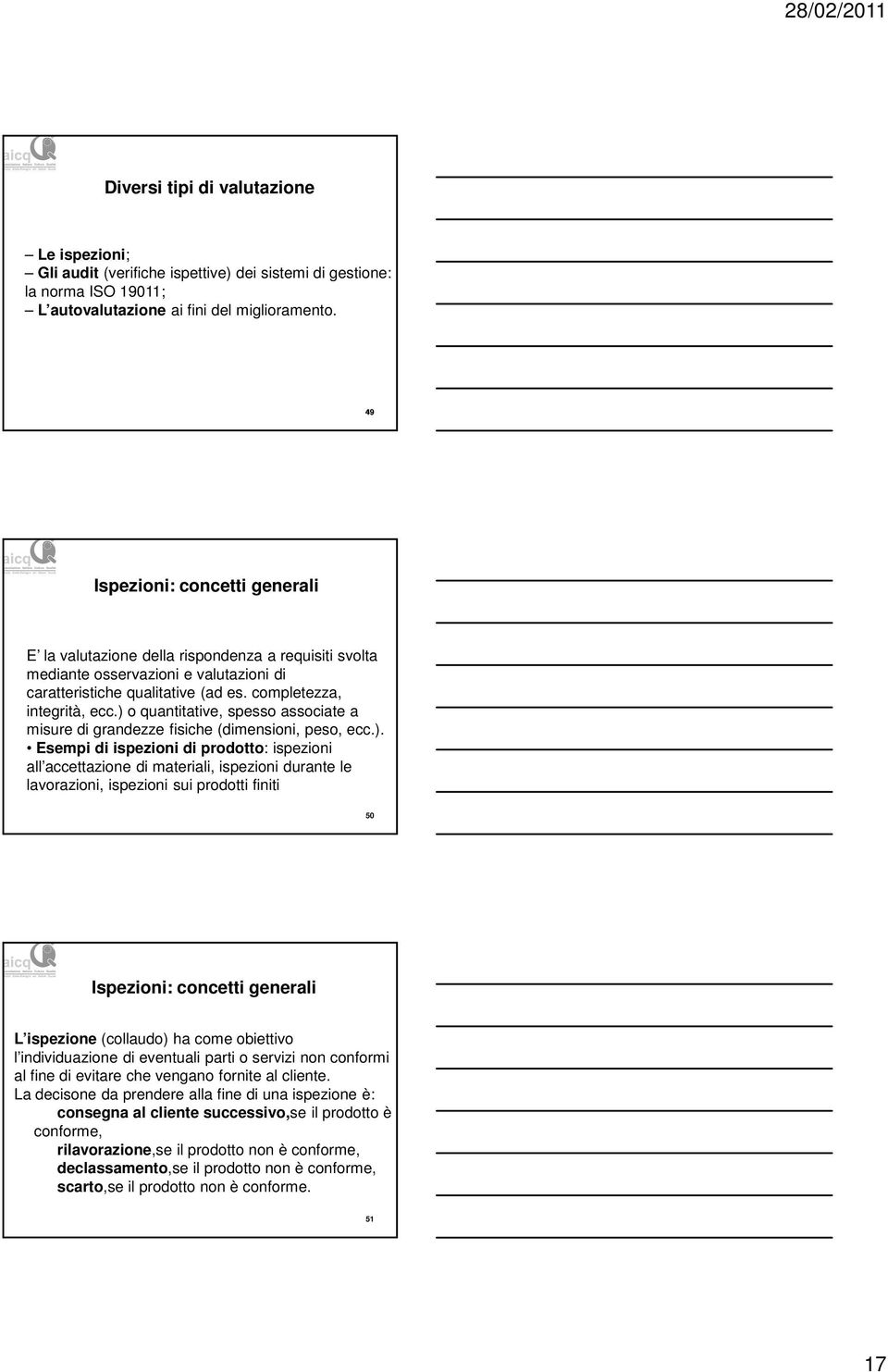 ) o quantitative, spesso associate a misure di grandezze fisiche (dimensioni, peso, ecc.). Esempi di ispezioni di prodotto: ispezioni all accettazione di materiali, ispezioni durante le lavorazioni,