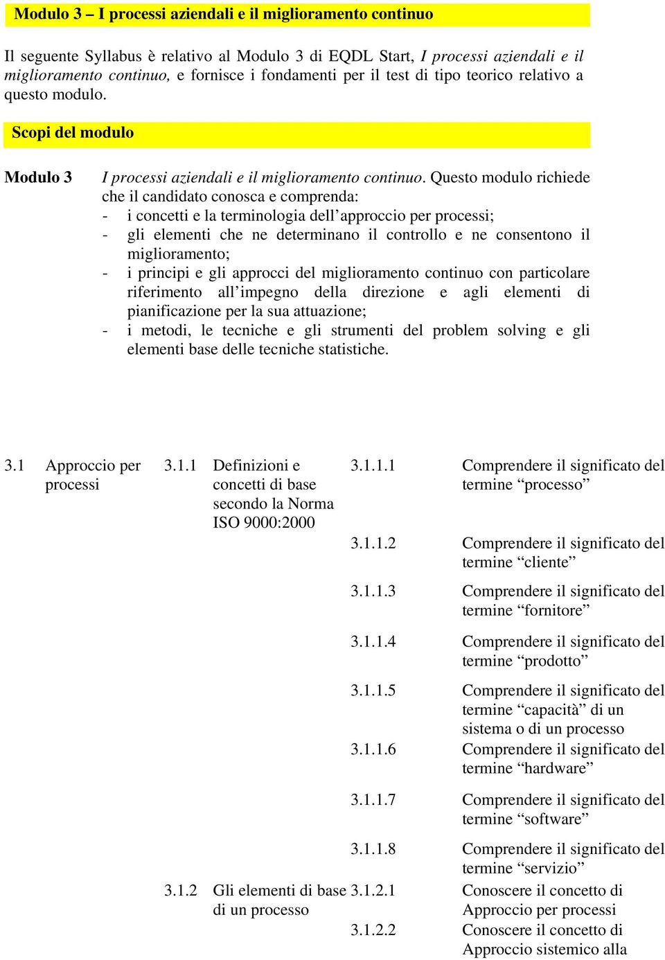 Questo modulo richiede che il candidato conosca e comprenda: - i concetti e la terminologia dell approccio per processi; - gli elementi che ne determinano il controllo e ne consentono il