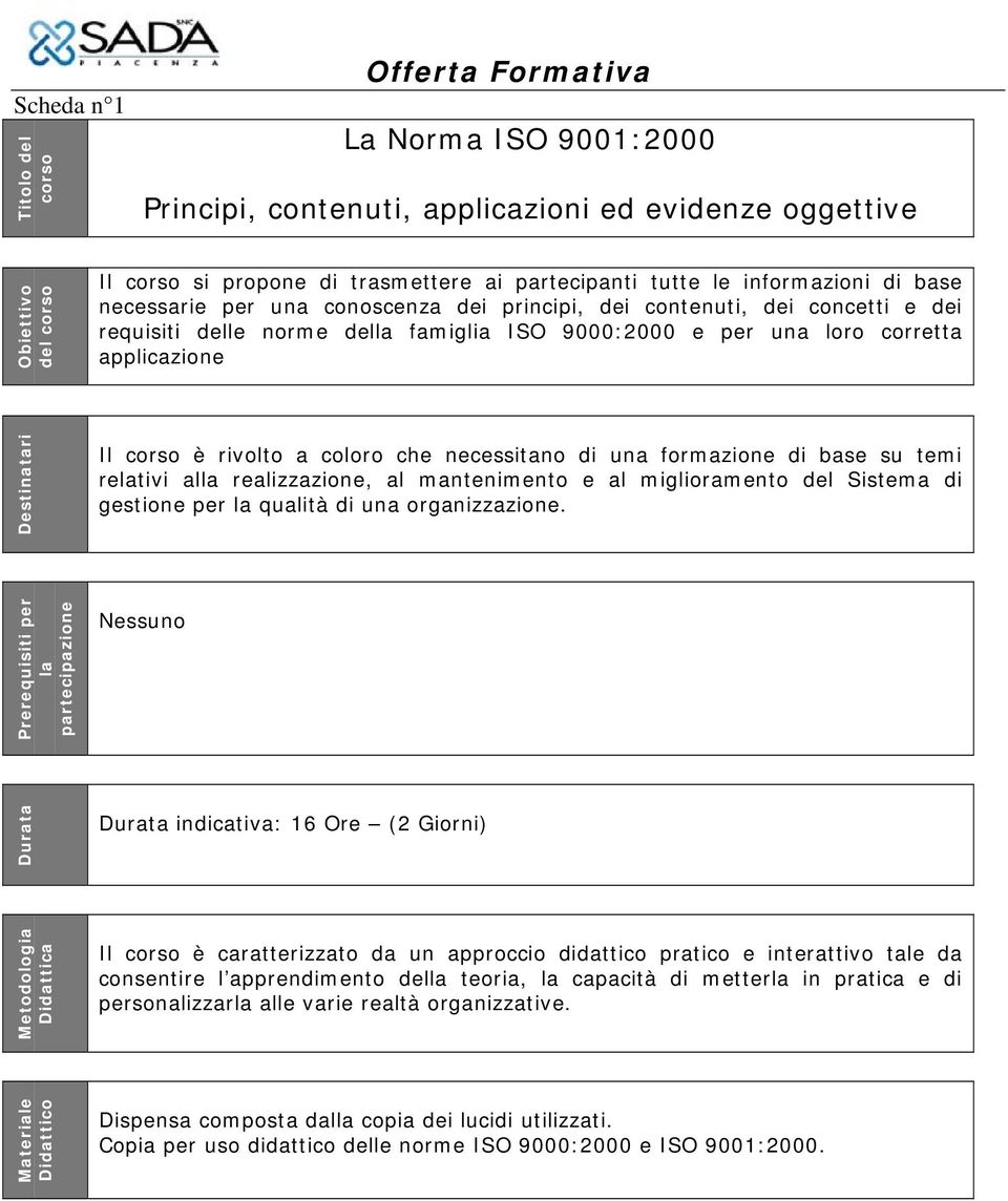 Destinatari Il corso è rivolto a coloro che necessitano di una formazione di base su temi relativi alla realizzazione, al mantenimento e al miglioramento del Sistema di gestione per la qualità di una