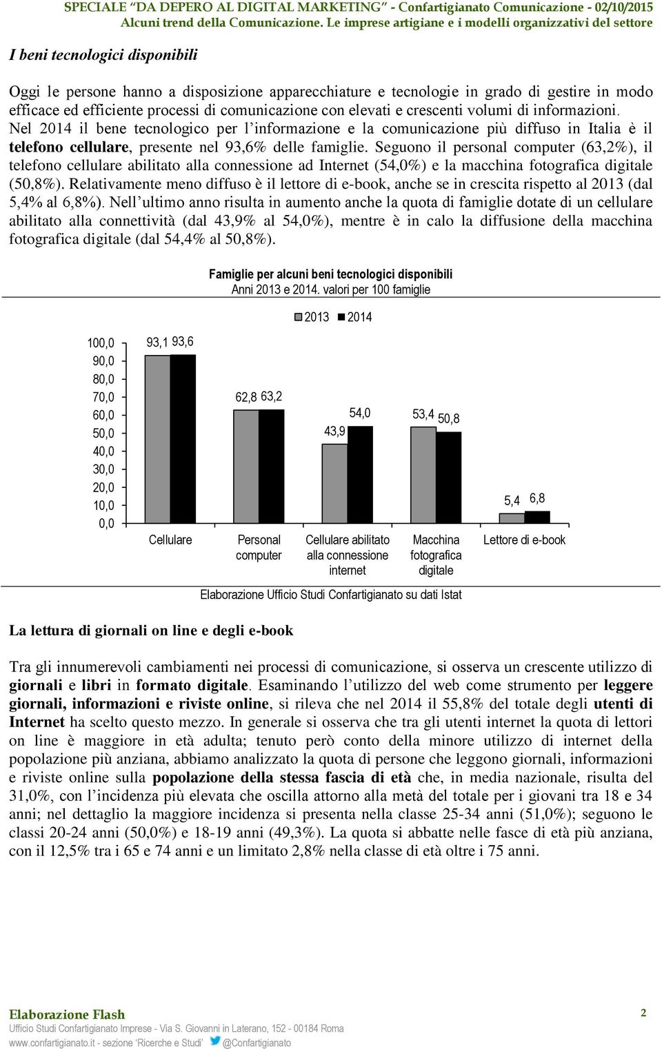 Seguono il personal computer (63,2%), il telefono cellulare abilitato alla connessione ad Internet (54,0%) e la macchina fotografica digitale (50,8%).