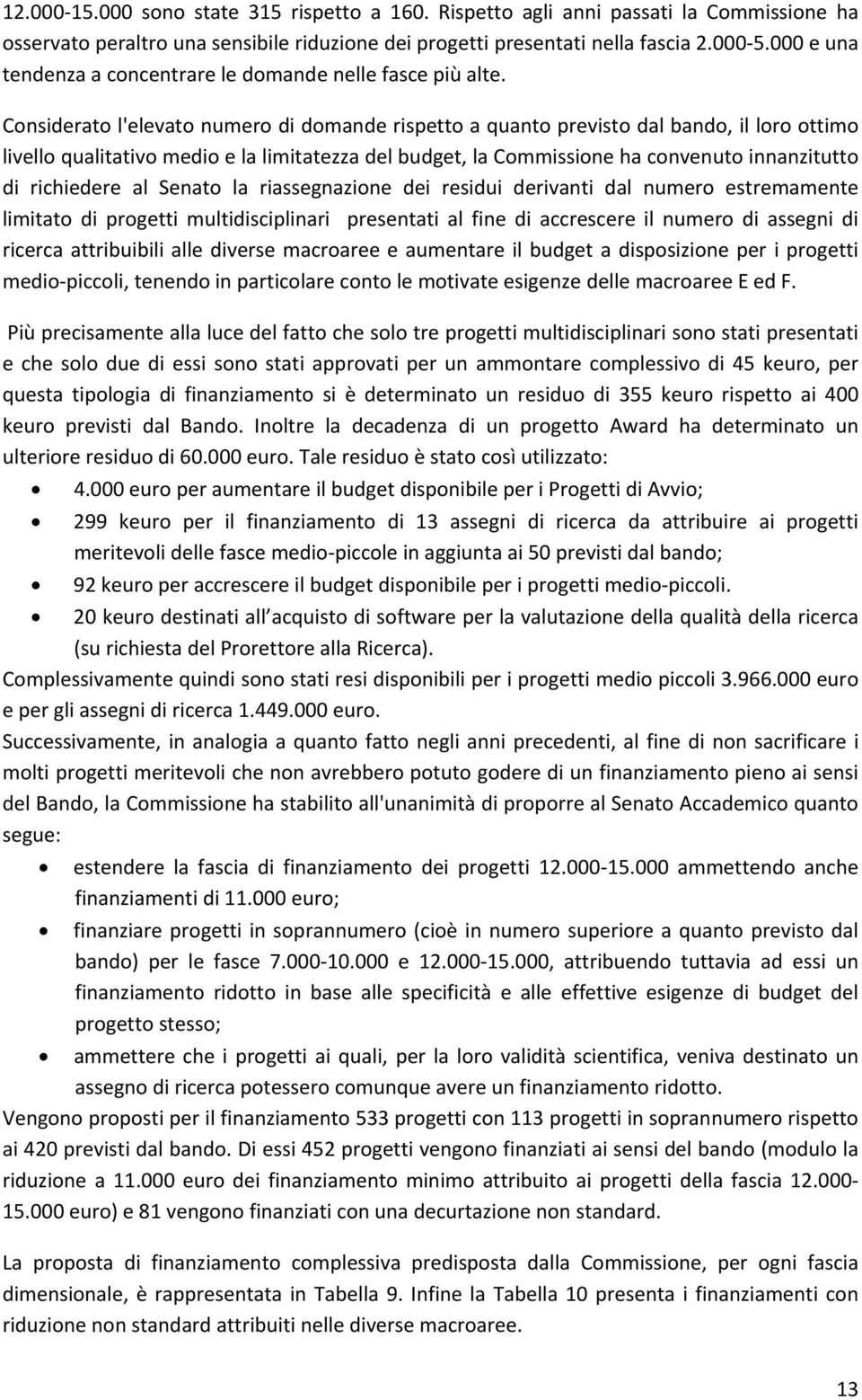 Considerato l'elevato numero di domande rispetto a quanto previsto dal bando, il loro ottimo livello qualitativo medio e la limitatezza del budget, la Commissione ha convenuto innanzitutto di