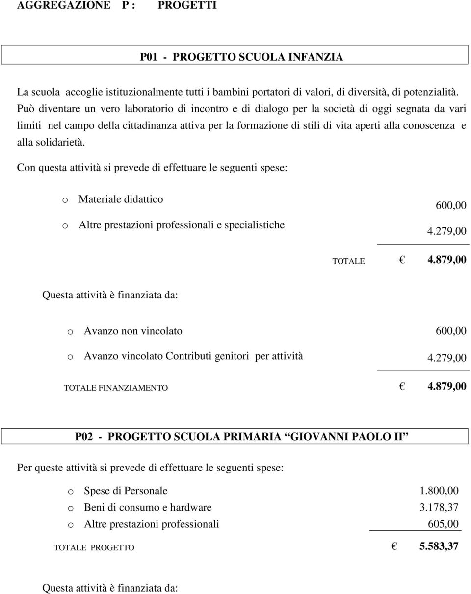 e alla solidarietà. Con questa attività si prevede di effettuare le seguenti spese: o Materiale didattico o Altre prestazioni professionali e specialistiche 600,00 4.279,00 TOTALE 4.