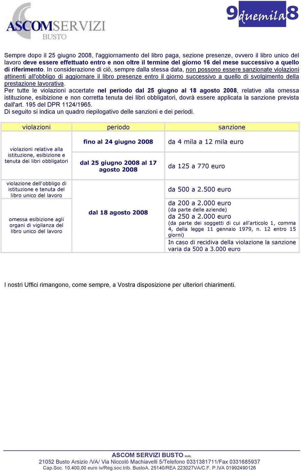 In considerazione di ciò, sempre dalla stessa data, non possono essere sanzionate violazioni attinenti all'obbligo di aggiornare il libro presenze entro il giorno successivo a quello di svolgimento