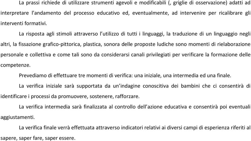 La risposta agli stimoli attraverso l utilizzo di tutti i linguaggi, la traduzione di un linguaggio negli altri, la fissazione grafico pittorica, plastica, sonora delle proposte ludiche sono momenti