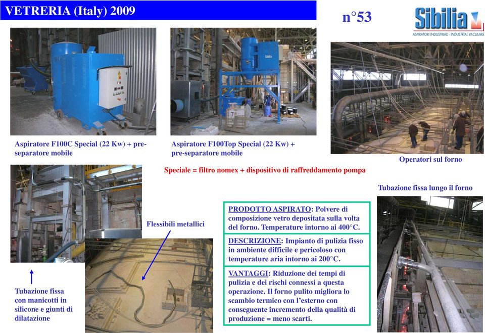 Temperature intorno ai 400 C. DESCRIZIONE: Impianto di pulizia fisso in ambiente difficile e pericoloso con temperature aria intorno ai 200 C.