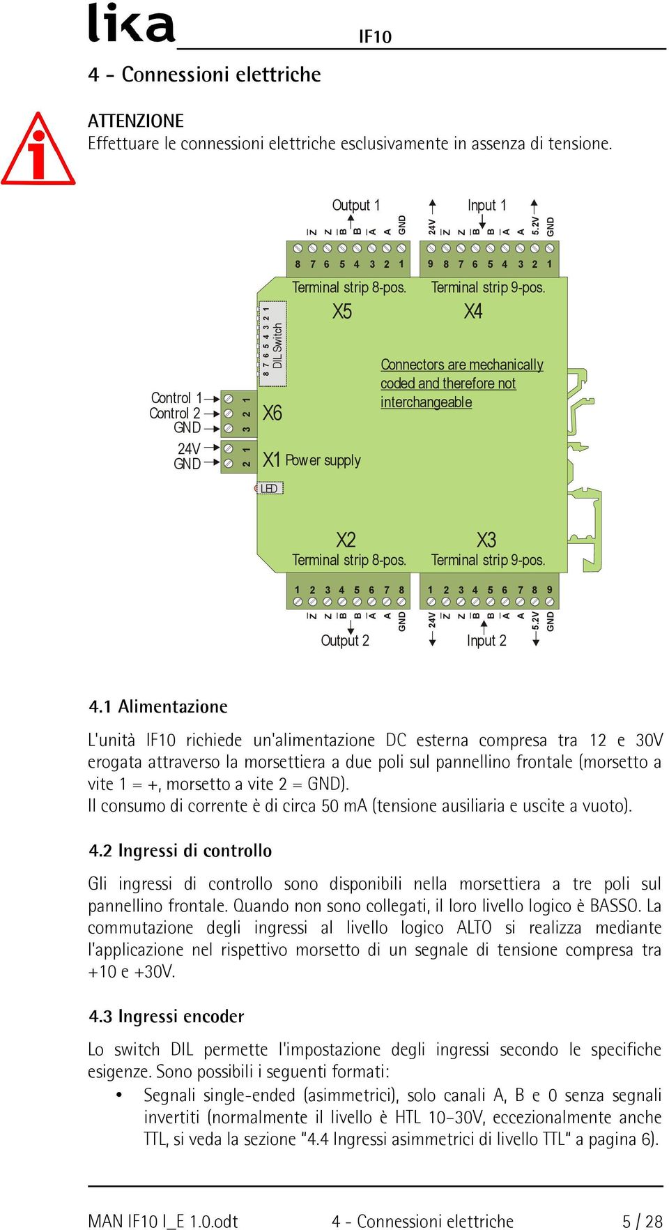 X4 Connectors are mechanically coded and therefore not interchangeable X2 Terminal strip 8-pos. 1 2 3 4 5 6 7 8 X3 Terminal strip 9-pos. 1 2 3 4 5 6 7 8 9 GND Output 2 24V 5.2V GND Input 2 4.