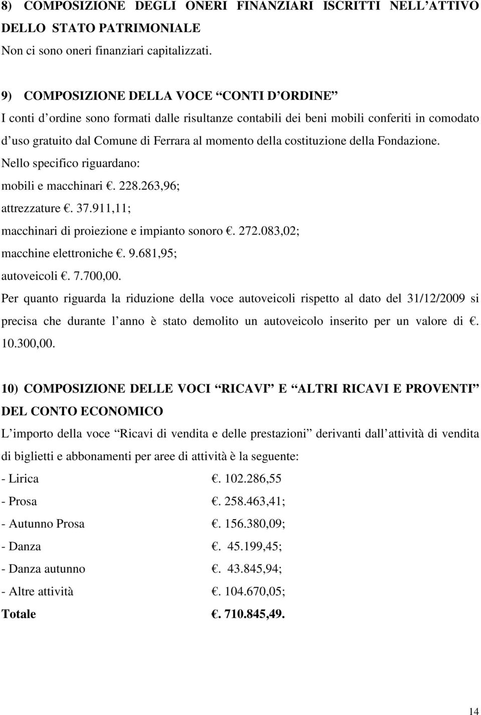 costituzione della Fondazione. Nello specifico riguardano: mobili e macchinari. 228.263,96; attrezzature. 37.911,11; macchinari di proiezione e impianto sonoro. 272.083,02; macchine elettroniche. 9.