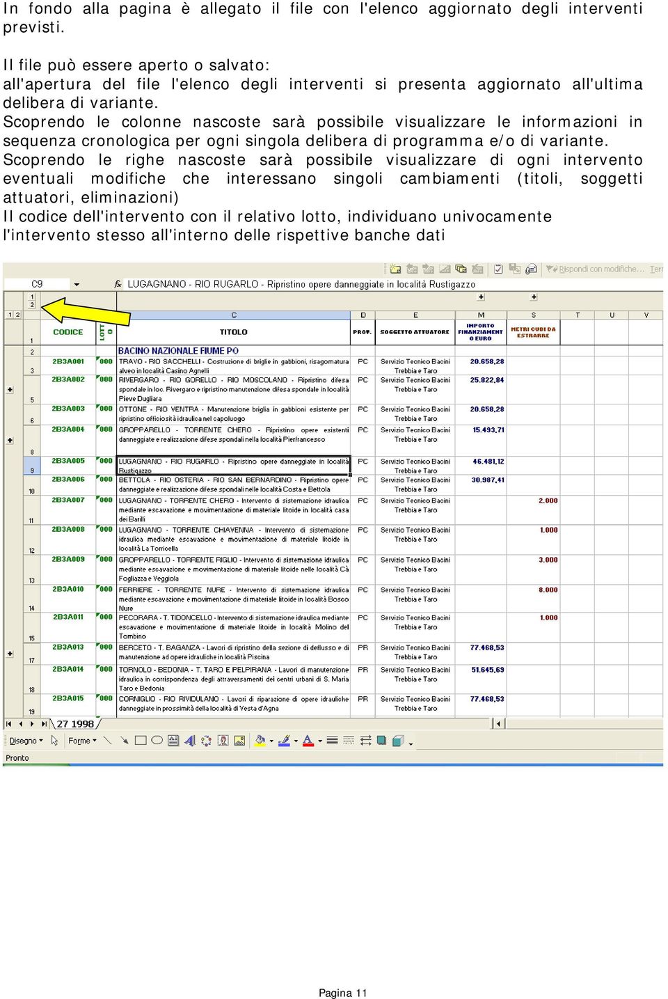 Scoprendo le colonne nascoste sarà possibile visualizzare le informazioni in sequenza cronologica per ogni singola delibera di programma e/o di variante.