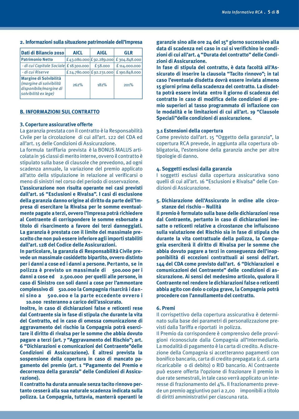 disponibile/margine di solvibilità ex lege) B. INFORMAZIONI SUL CONTRATTO AICL AIGL GLR.00.000..000 0..000.00.000.000.000.000.0.000..000 0..000 % % 0%.