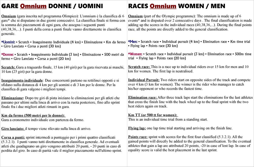 *Uomini: Scratch Inseguimento Individuale (4 km) Eliminazione Km da fermo Giro Lanciato Corsa a punti (30 km) *Donne: Scratch Inseguimento Individuale (3 km) Eliminazione 500 metri da fermo Giro