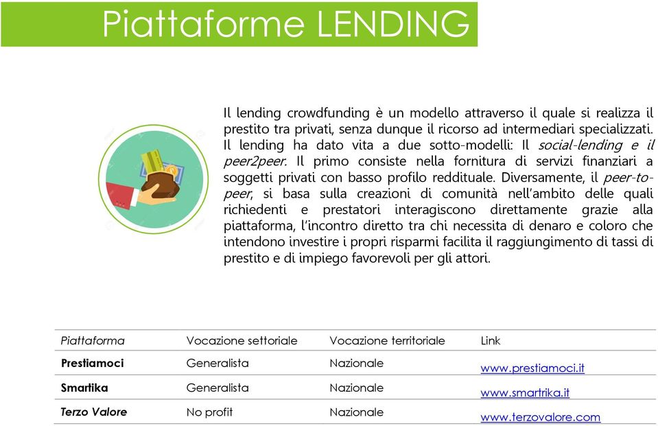 Diversamente, il peer-topeer, si basa sulla creazioni di comunità nell ambito delle quali richiedenti e prestatori interagiscono direttamente grazie alla piattaforma, l incontro diretto tra chi