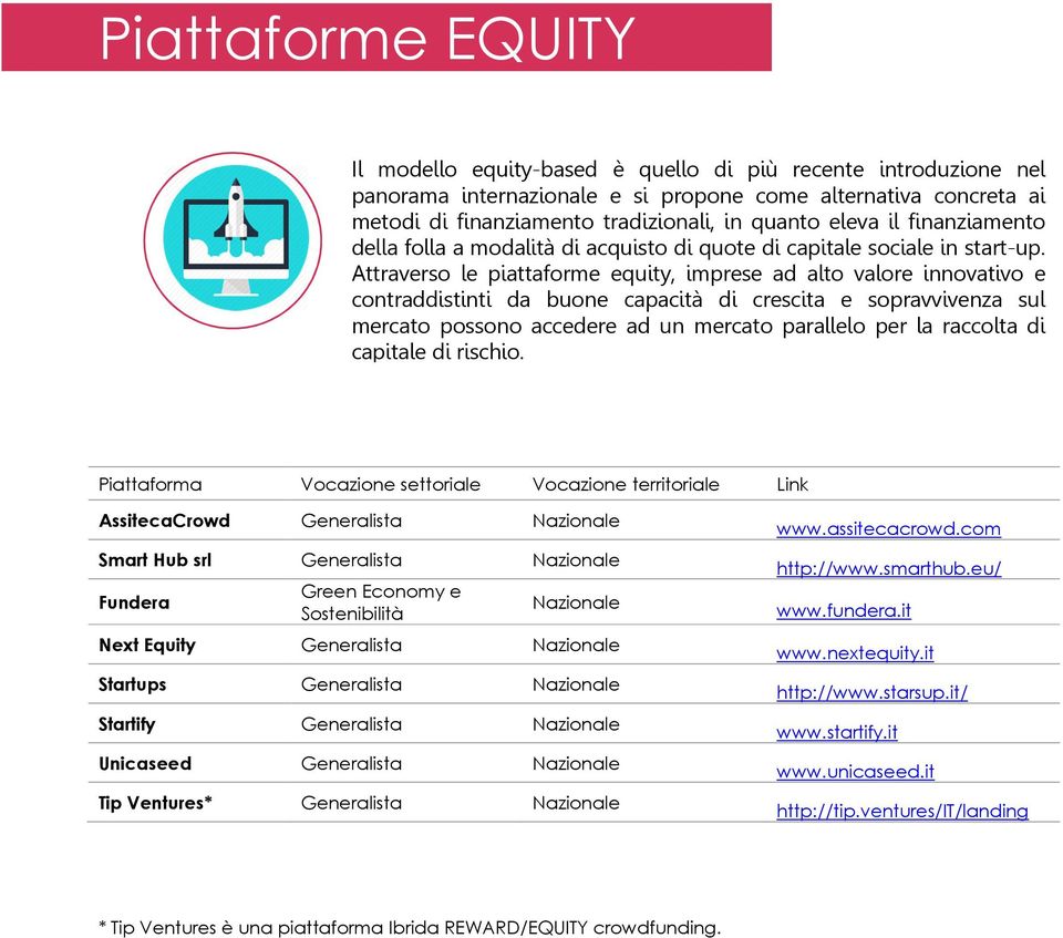 Attraverso le piattaforme equity, imprese ad alto valore innovativo e contraddistinti da buone capacità di crescita e sopravvivenza sul mercato possono accedere ad un mercato parallelo per la