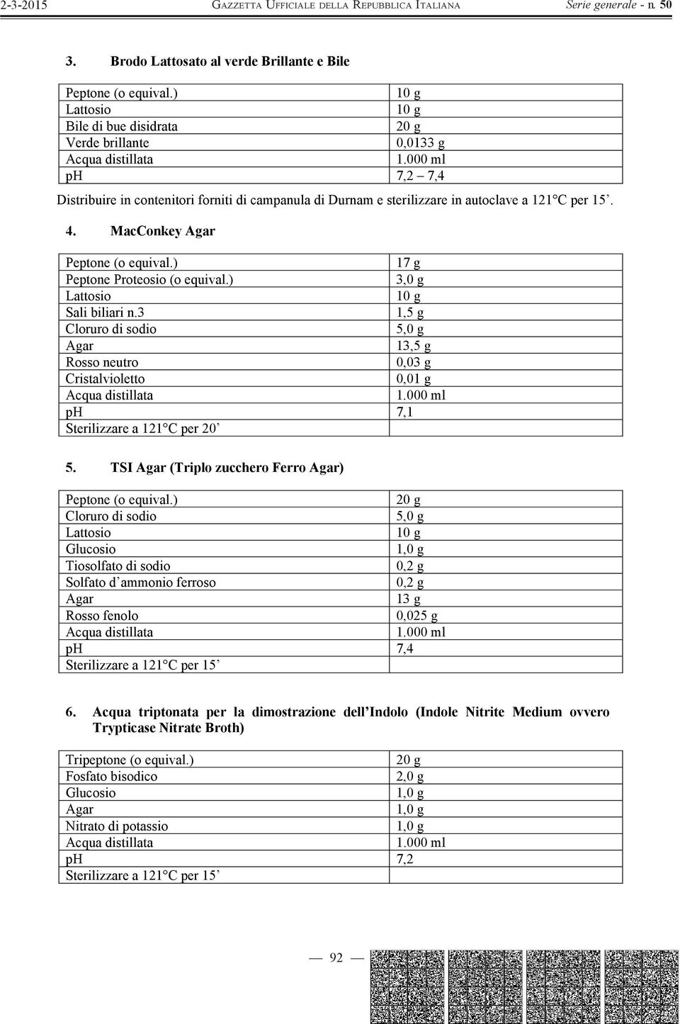 ) 17 g Peptone Proteosio (o equival.) 3,0 g Sali biliari n.3 1,5 g 13,5 g Rosso neutro 0,03 g Cristalvioletto 0,01 g ph 7,1 Sterilizzare a 121 C per 20 5.